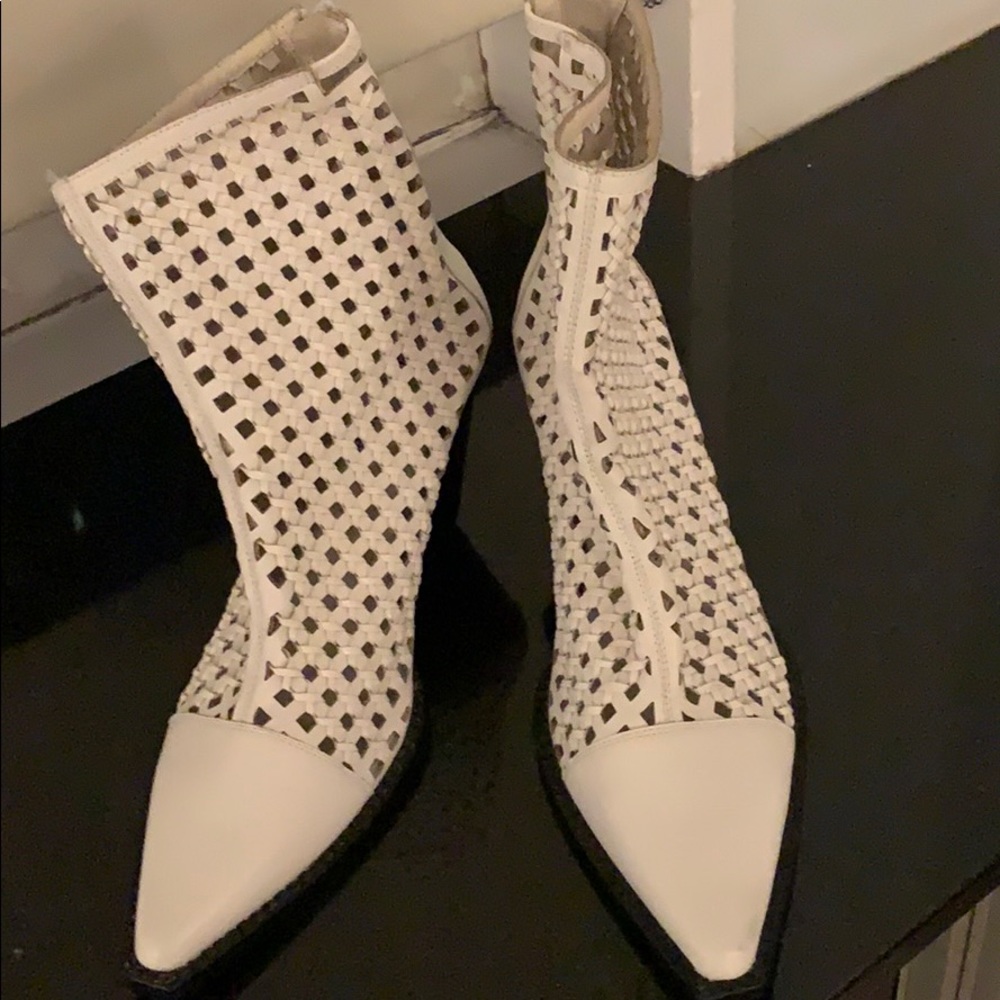 Jeffrey Campbell white leather open-weave booties
